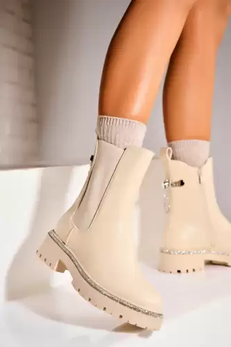 Ghete Dama Imblanite Bej din Piele Ecologica Aynara