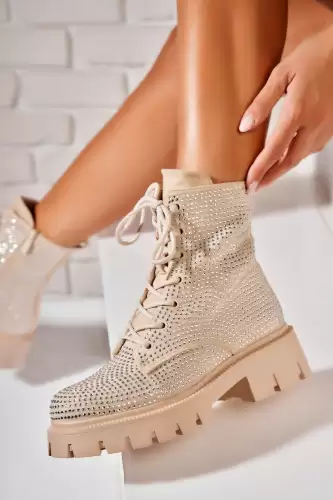 Ghete Dama Imblanite Bej din Piele Ecologica Intoarsa Halei