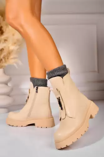 Ghete Dama Imblanite Bej din Piele Ecologica Leisel