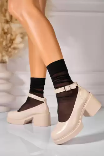 Pantofi dama cu toc Bej din Piele Ecologica Keoni