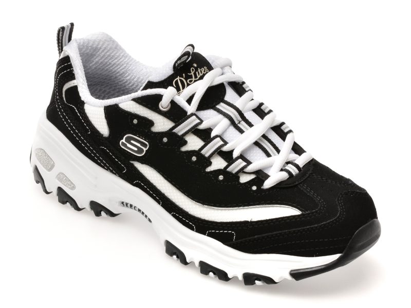 Pantofi sport SKECHERS alb-negru, D LITES, din material textil si piele natuala